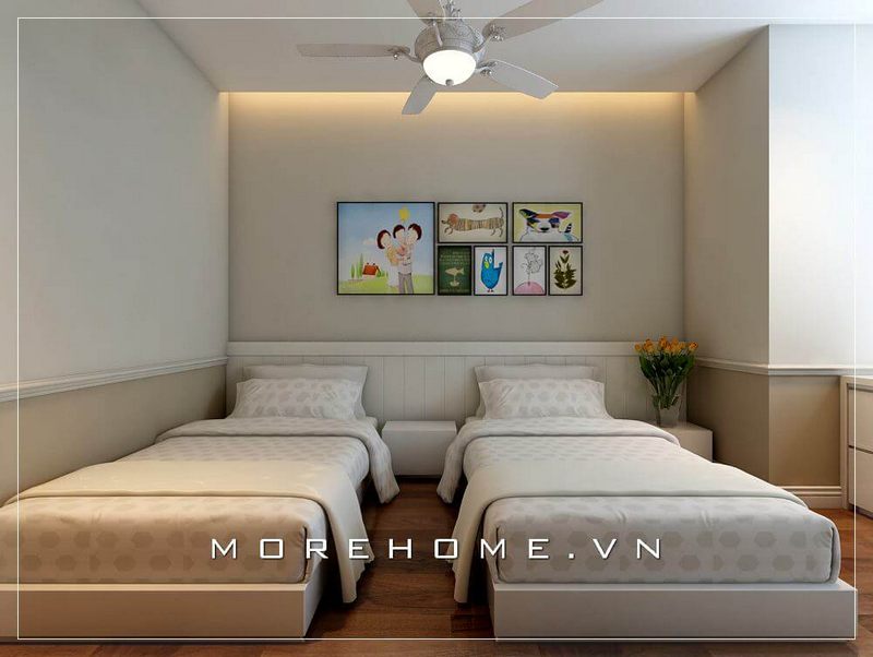 Giường ngủ gỗ công nghiệp hiện đại, gam màu trắng chủ đạo tạo cho không gian thêm phần thoáng rộng và trẻ trung hơn
